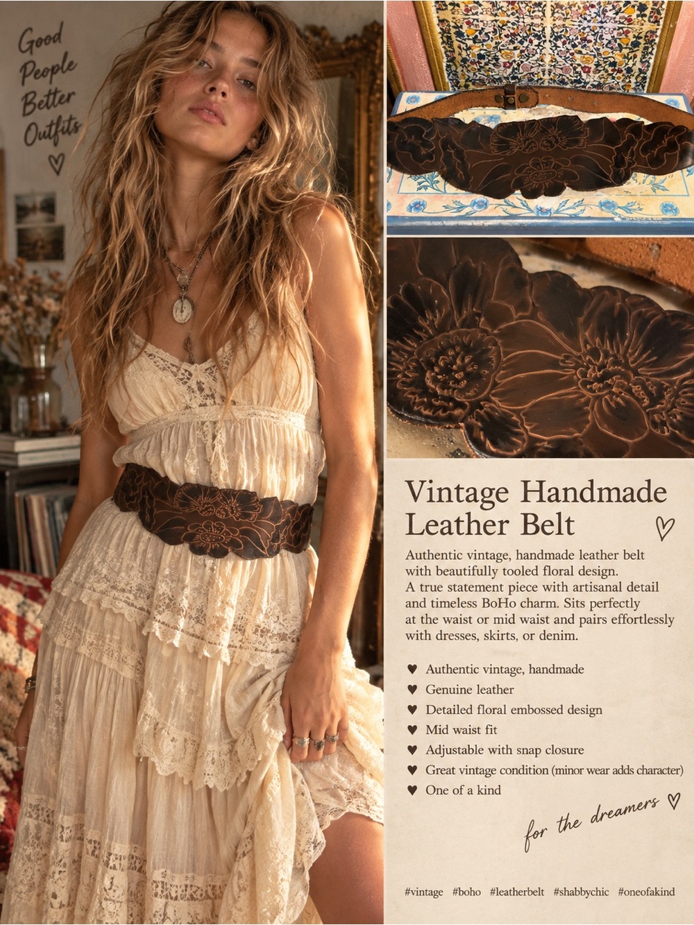 Vintage Handmade Floral Leather Waist Belt - Brown